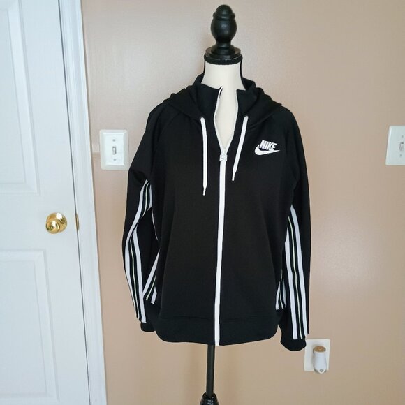 NIKE-WOMENS BLACK HOODED ZIP UP JACKET W/WHITE STRIPES-POLY/COTTON-SIZE XL - Picture 1 of 3